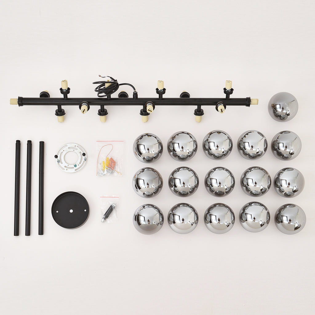 Pendant Lamp with Smoke Grey Glass Shade, 16-Light, Matte Black