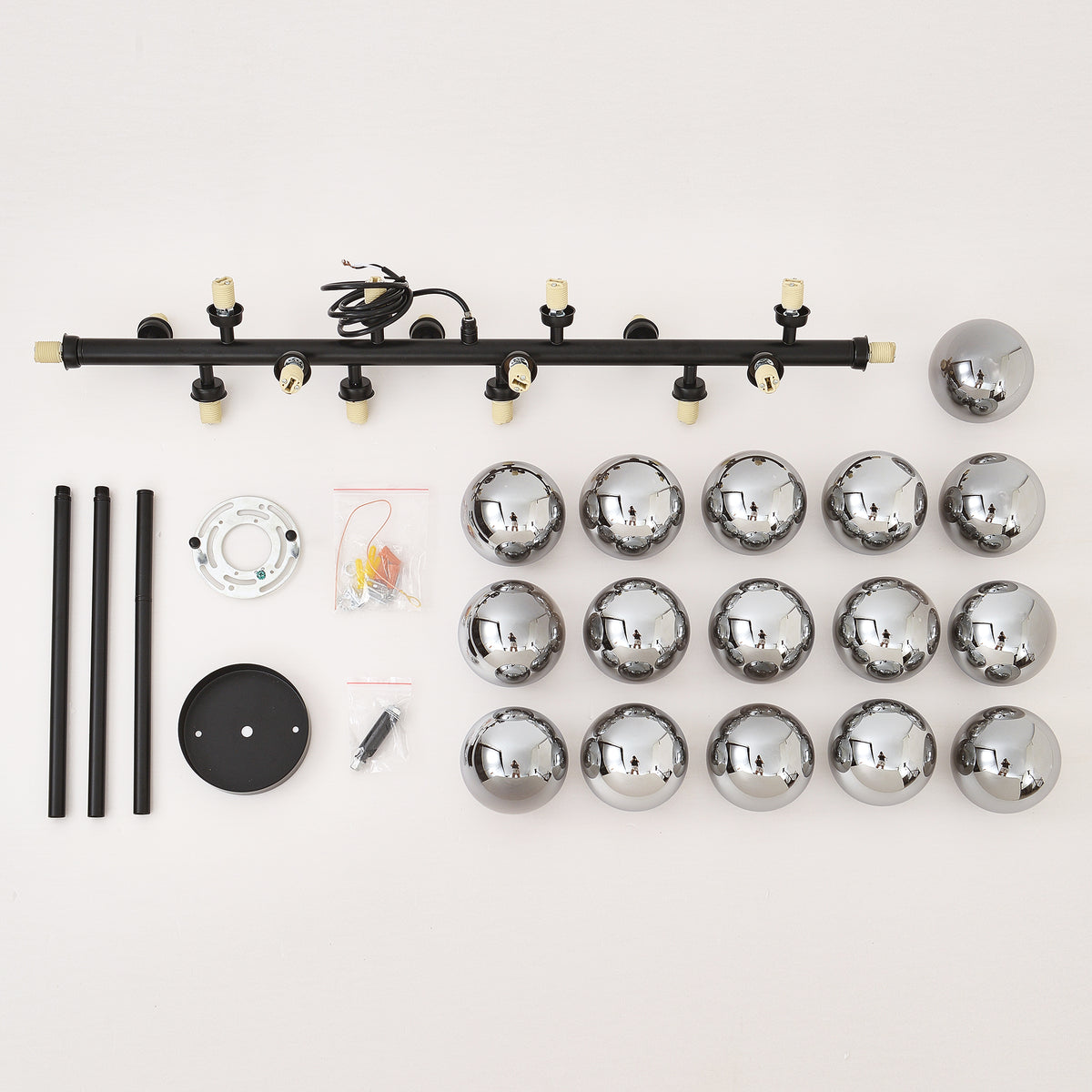 Pendant Lamp with Smoke Grey Glass Shade, 16-Light, Matte Black