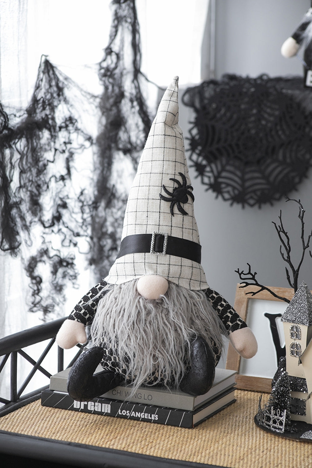 23.5" Halloween Gnome – Fabric Sitting Decor with White Hat & Spider Accent
