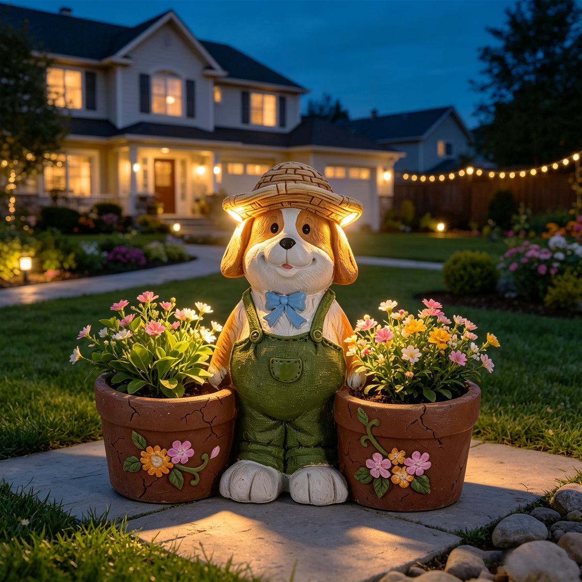 Magnesium Oxide Dog Statue Planter with Solar LED Lights in Ears, Dual Flower Pots Garden Decor, 21", for Patio & Doorway