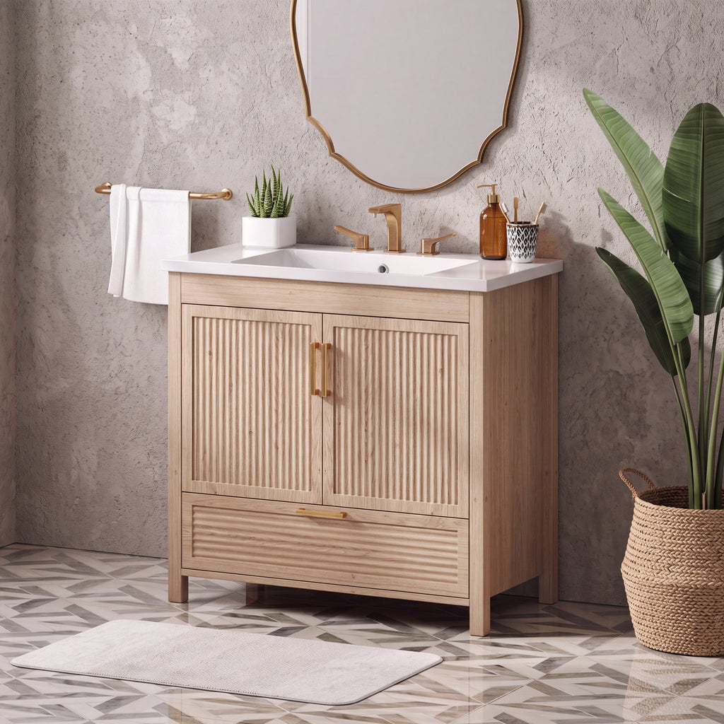 36 Inch Freestanding Bathroom Vanity Cabinet with Sink, 2 Soft Close Doors & Full Extension Drawer, Wave Fluted Panels