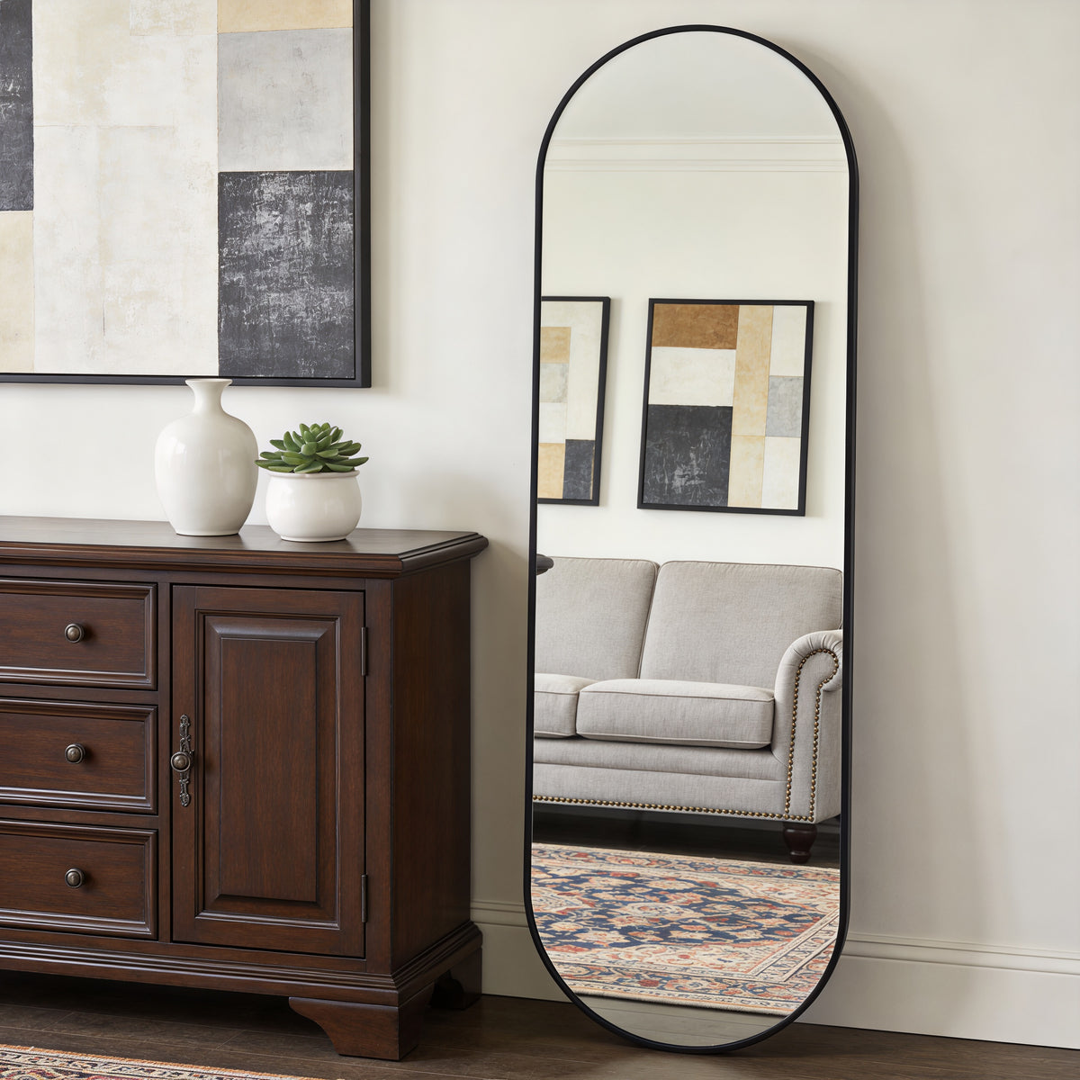 Black Pill Shaped Full Length Mirror, 63 x 20 Inches