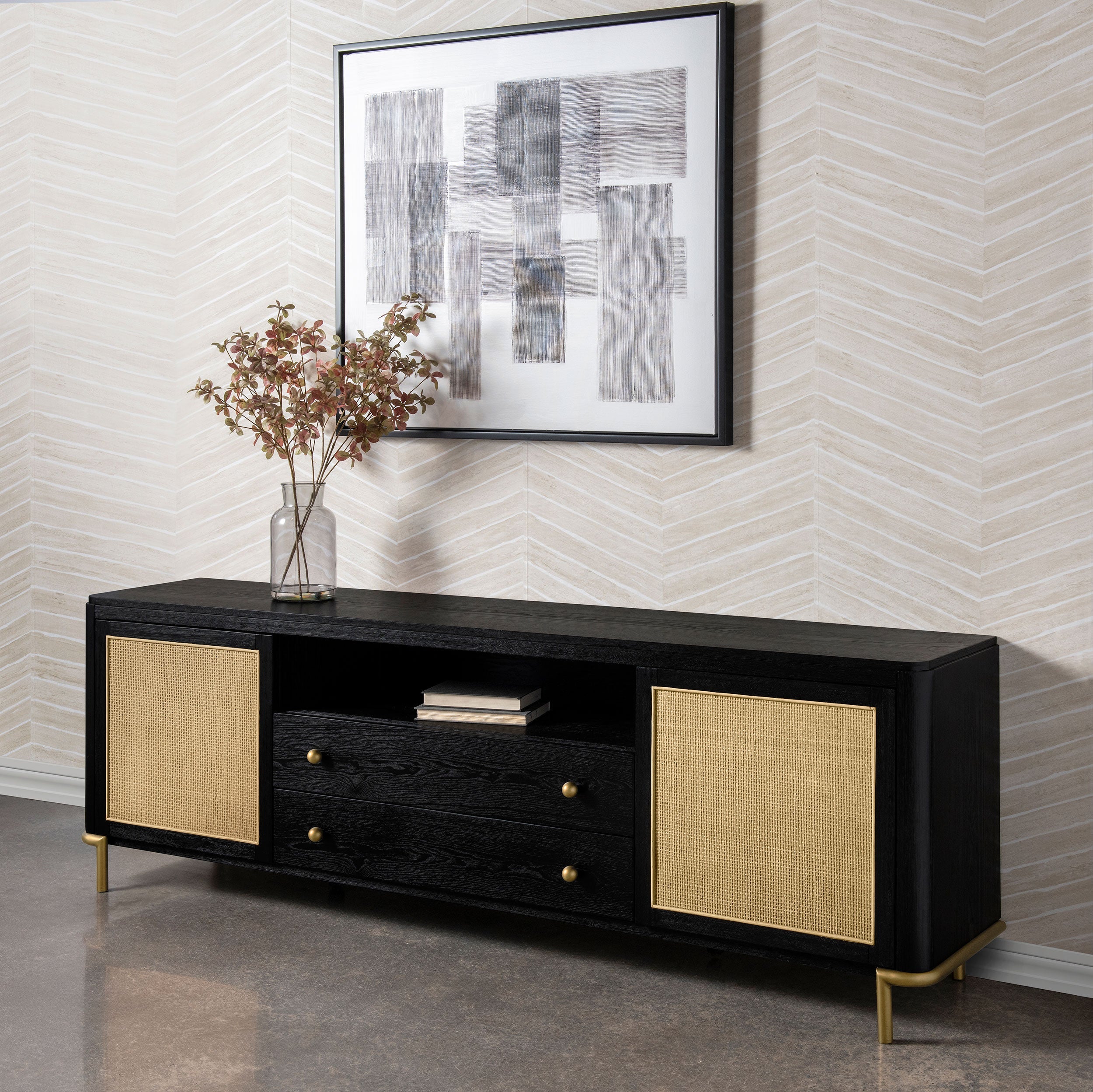Arini Rattan Cane 2-door TV Stand Media Console Black-