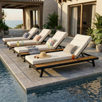 Black Iron + Teak Finish Outdoor Chaise Lounge Set