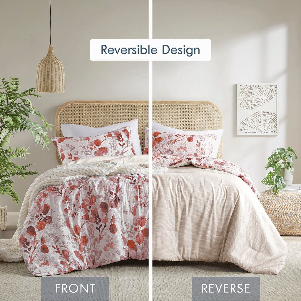 3-Piece King/Cal King Reversible Floral Botanical Seersucker Comforter Set