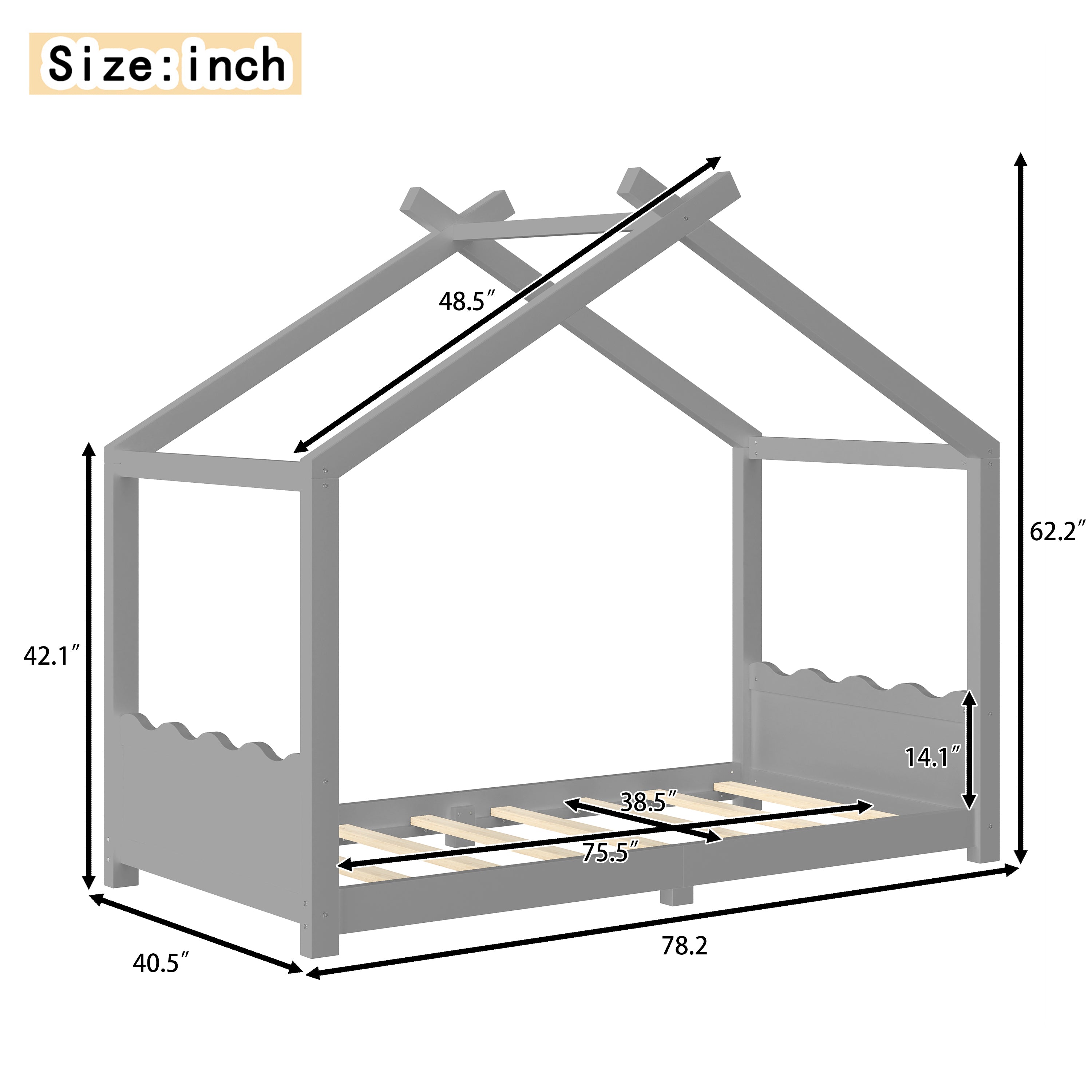 Twin House Floor Bed with Support Slats