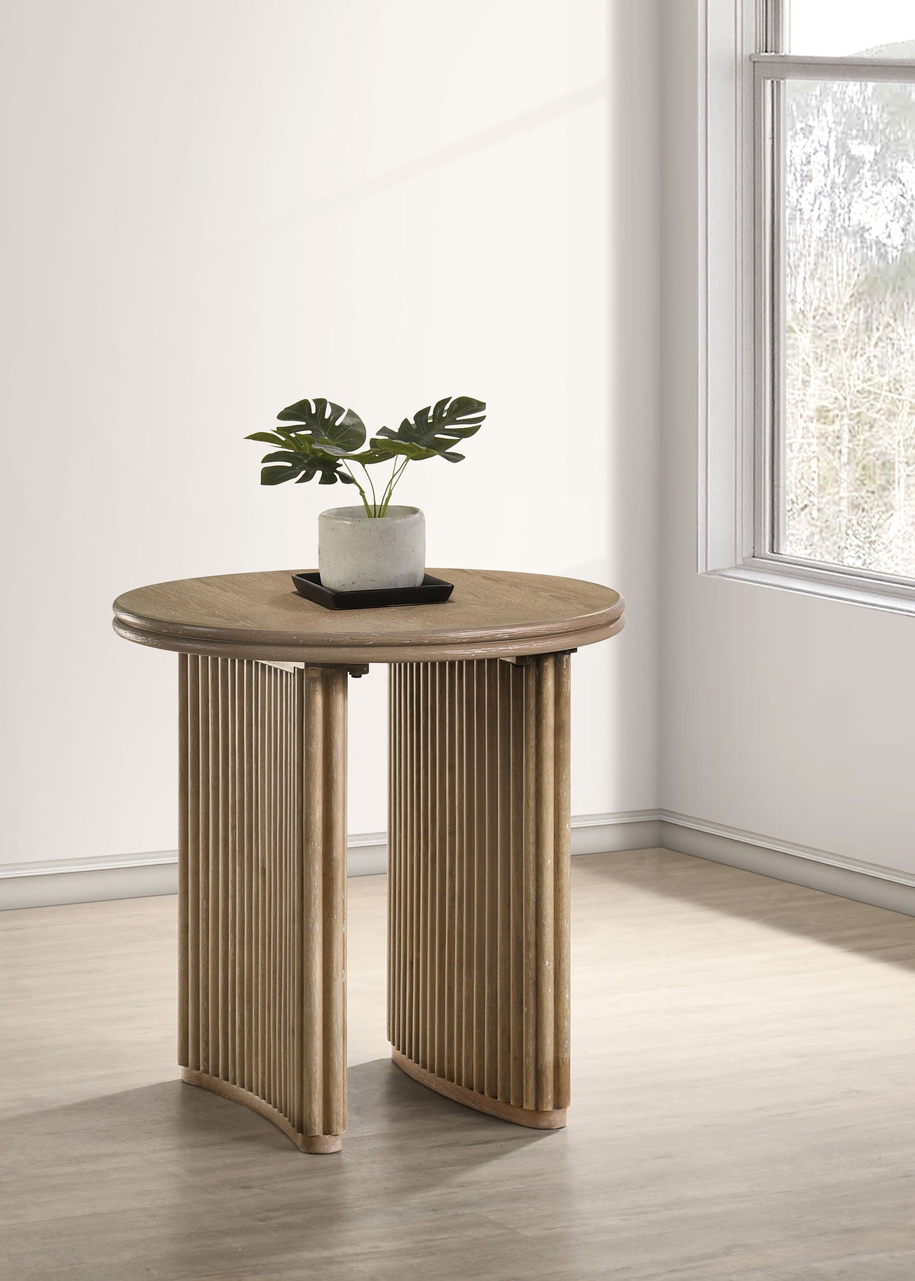 Adina Round Wood Side End Table Distressed Light Brown-