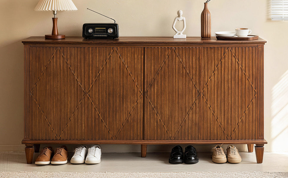 58" Mid Century Modern TV Stand, Wood Storage Cabinet with Carved Geometric Doors, 4 Door Media Console, Sideboard Buffet Cabinet for Living Room, Dining Room, Entryway 
WLRR