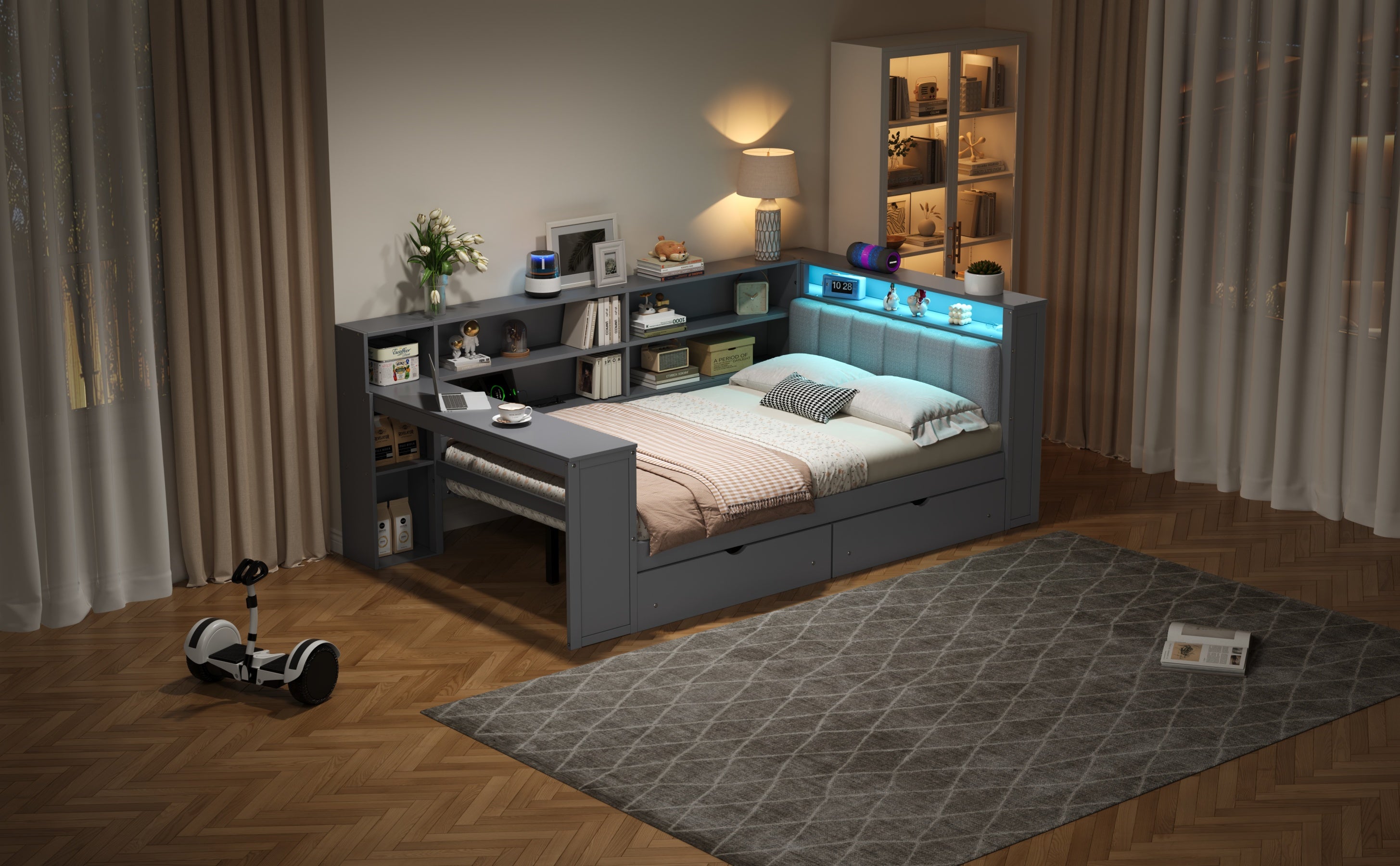 Wood Full Size Platform Bed with Storage Shelves and Charging Station