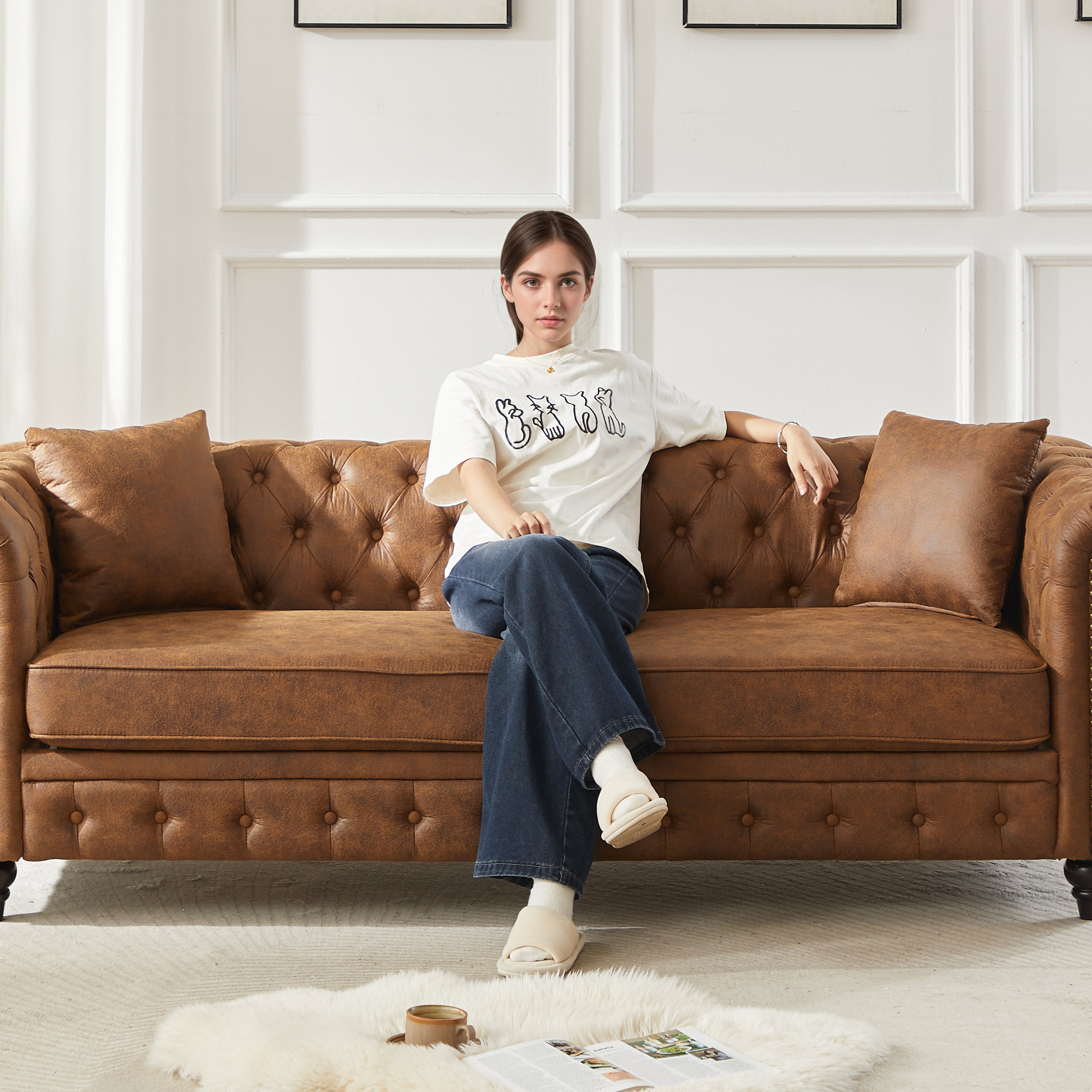 FX 85.5" Living Room Chesterfield Sofa with Rolled Arms