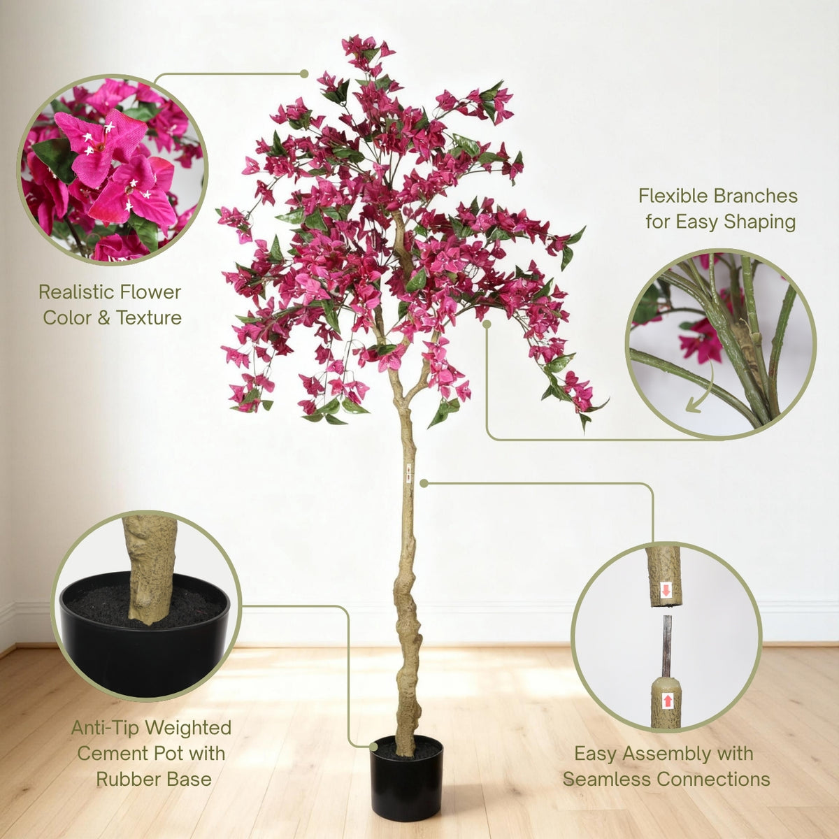 6ft Artificial Bougainvillea Tree with Black Pot, Dark Pink Flowers