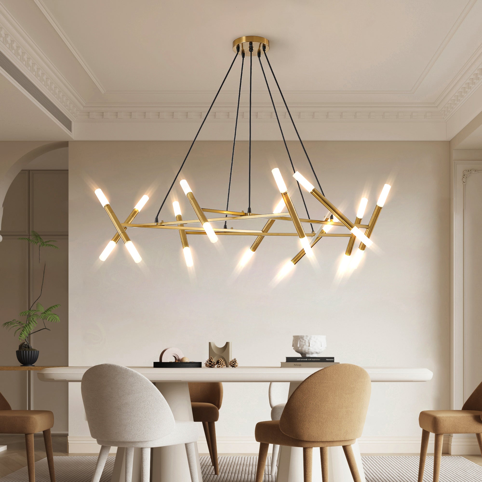 41" Golden Modern Chandelier Light Fixture, Branch Design with Frosted Tubes