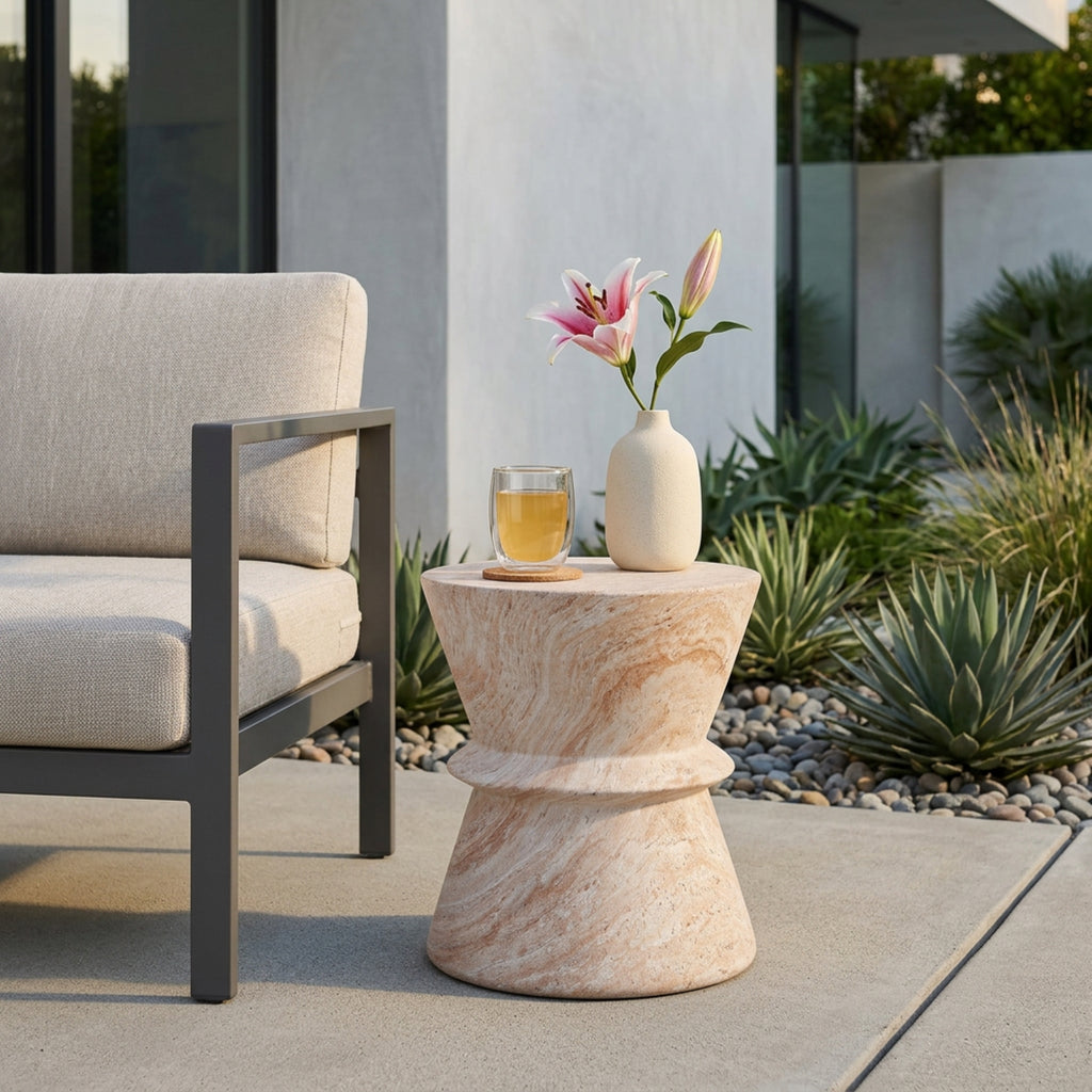 Outdoor Indoor Lightweight Concrete Side Table, Travertine Finish