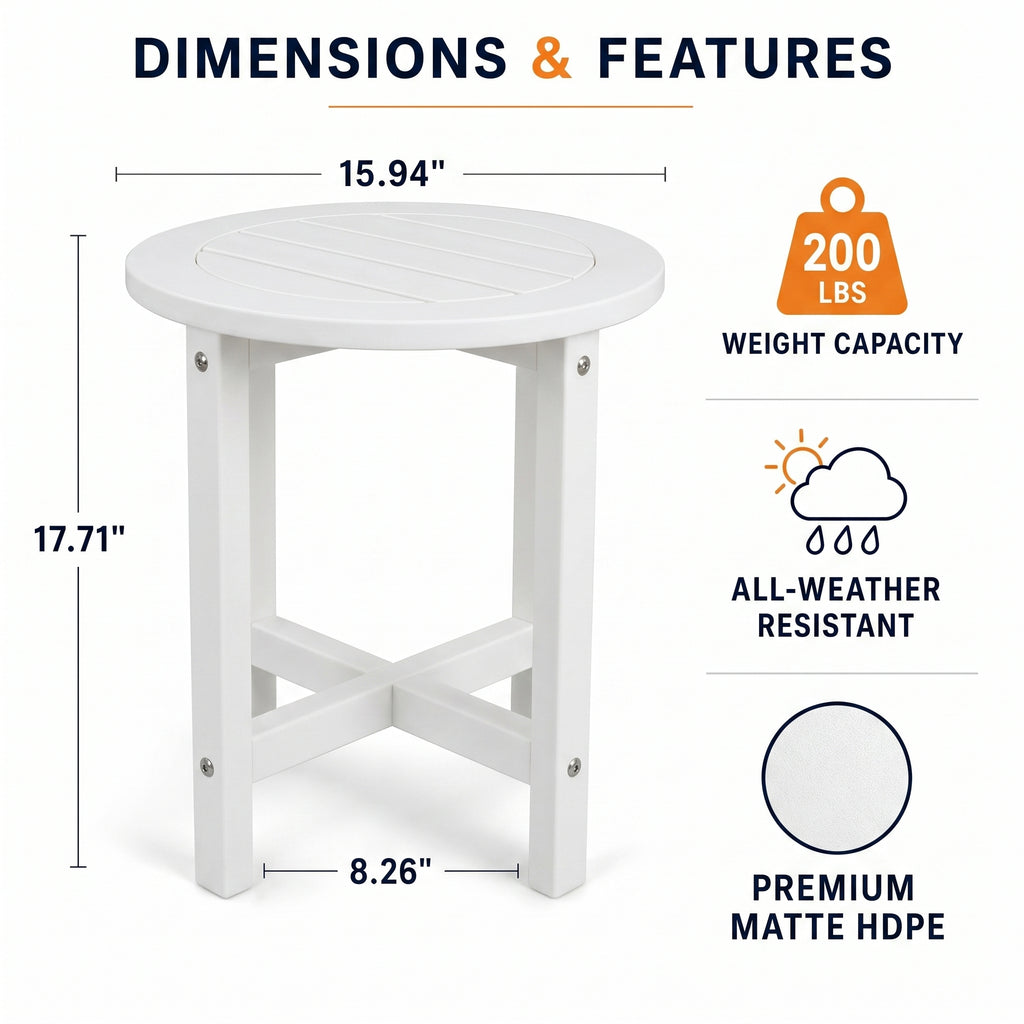 White HDPE Outdoor Side Table - 16 in. Round All-Weather Patio End Table