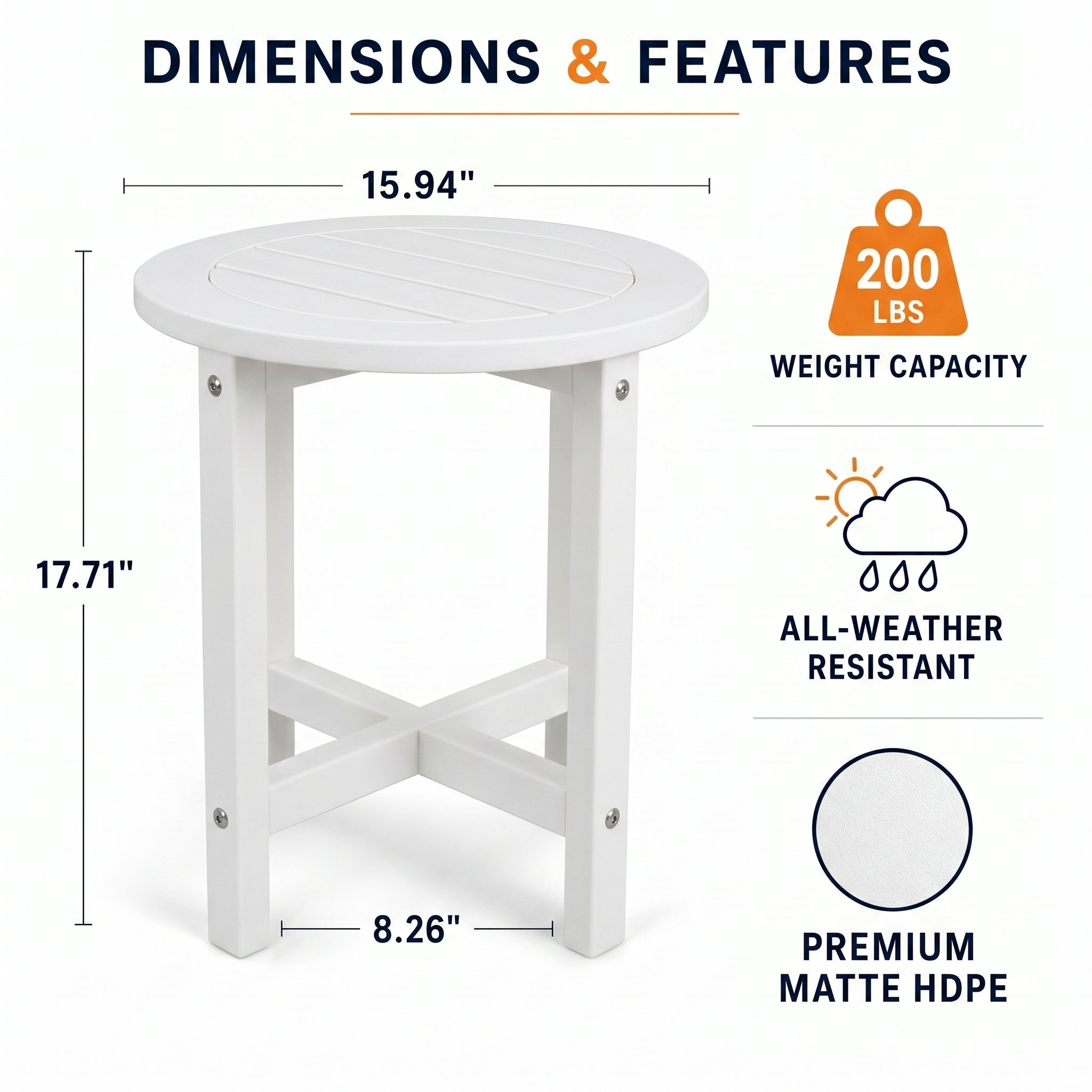 White HDPE Outdoor Side Table - 16 in. Round All-Weather Patio End Table