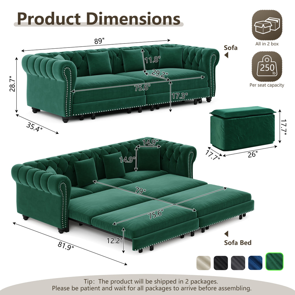 Chesterfield Sofa Bed - 3-in-1 Velvet Convertible
