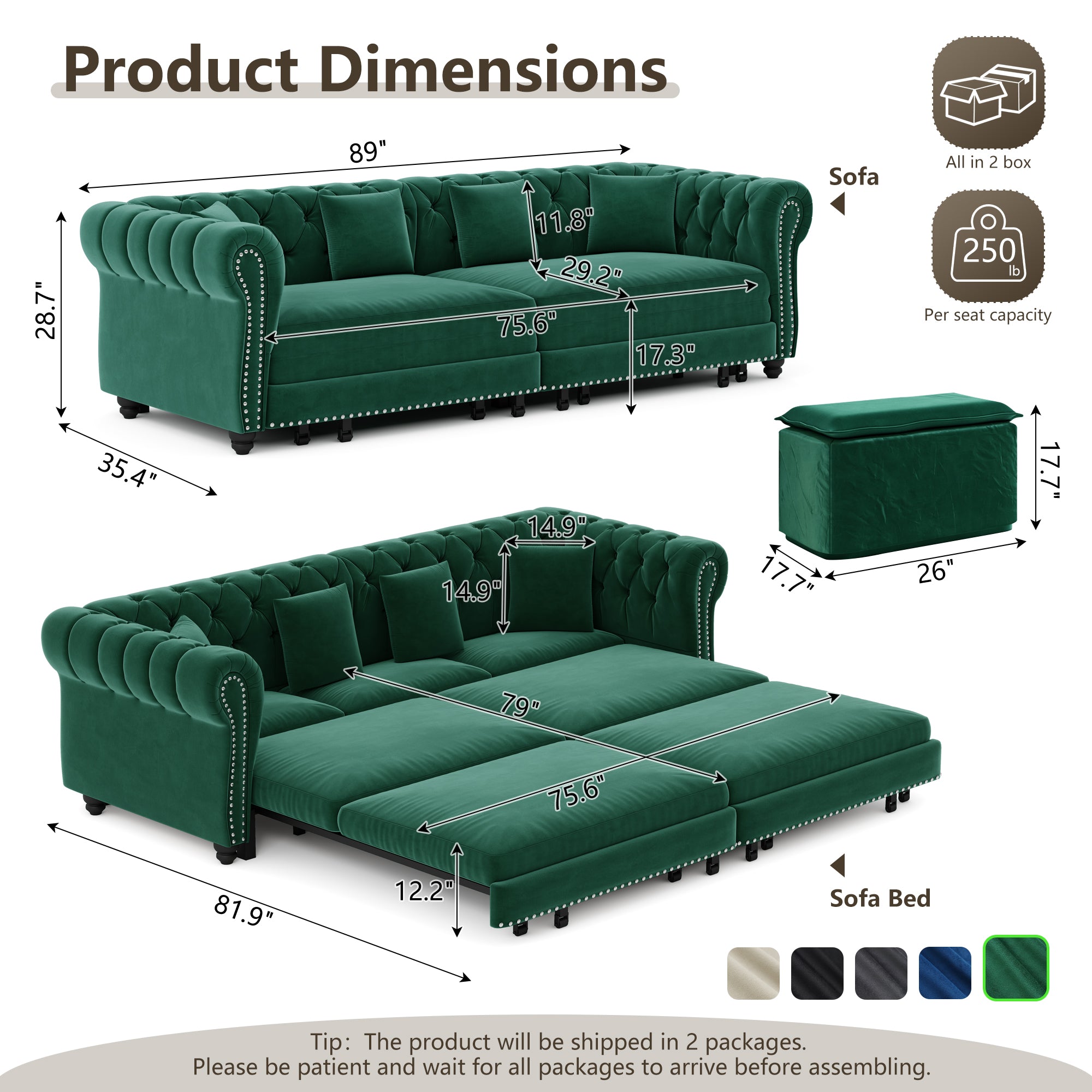 Chesterfield Sofa Bed - 3-in-1 Velvet Convertible
