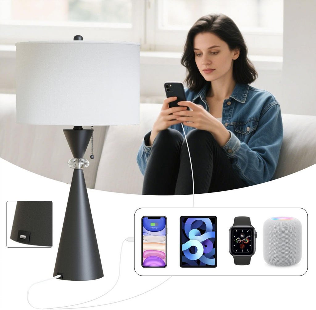 28-Inch Modern Table Lamps Set of 2, Black Metal Hourglass Base with USB Charging