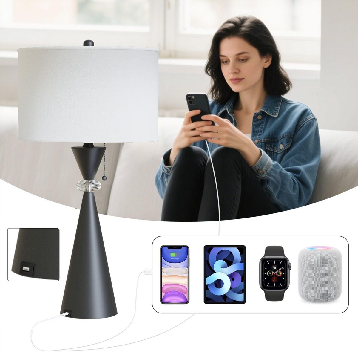 28-Inch Modern Table Lamps Set of 2, Black Metal Hourglass Base with USB Charging