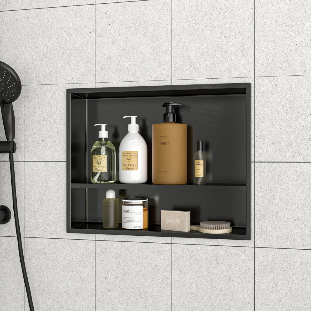 19" x 15" Stainless Steel Shower Niche Double Shelf, Gunmetal