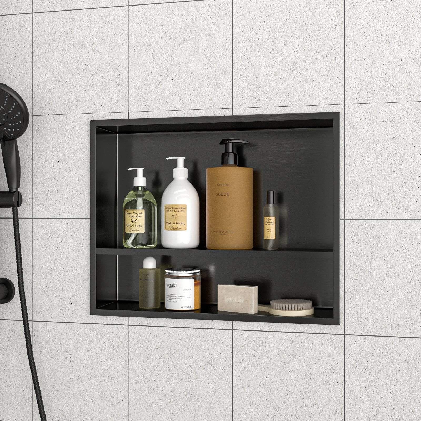19" x 15" Stainless Steel Shower Niche Double Shelf, Gunmetal