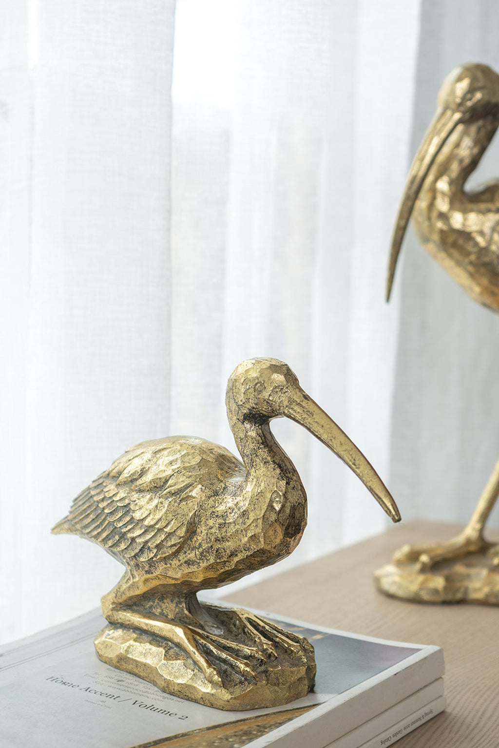 Kneeling Crane Figurine, 7.1 x 10.4 inches, Antique Gold Resin