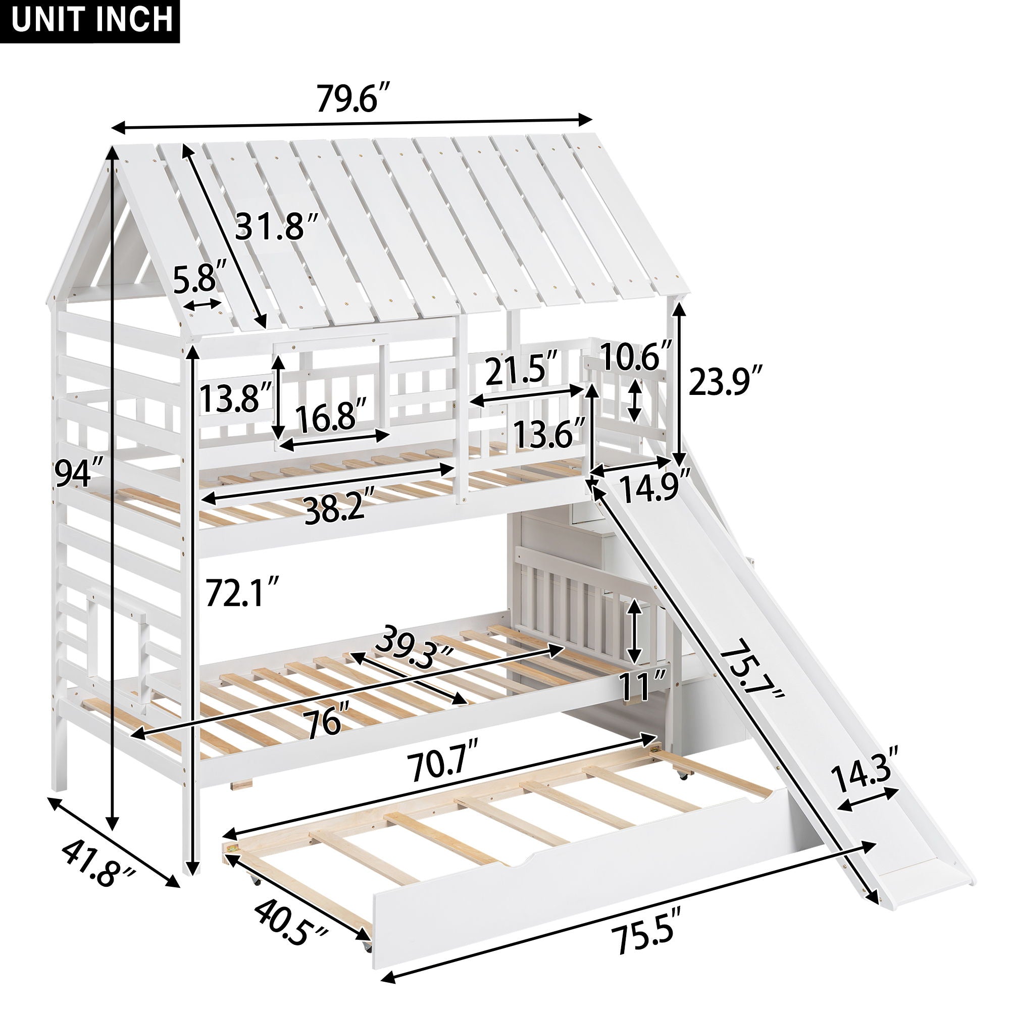 House Bunk Bed With Trundle, Storage Staircase, Roof And Window Design