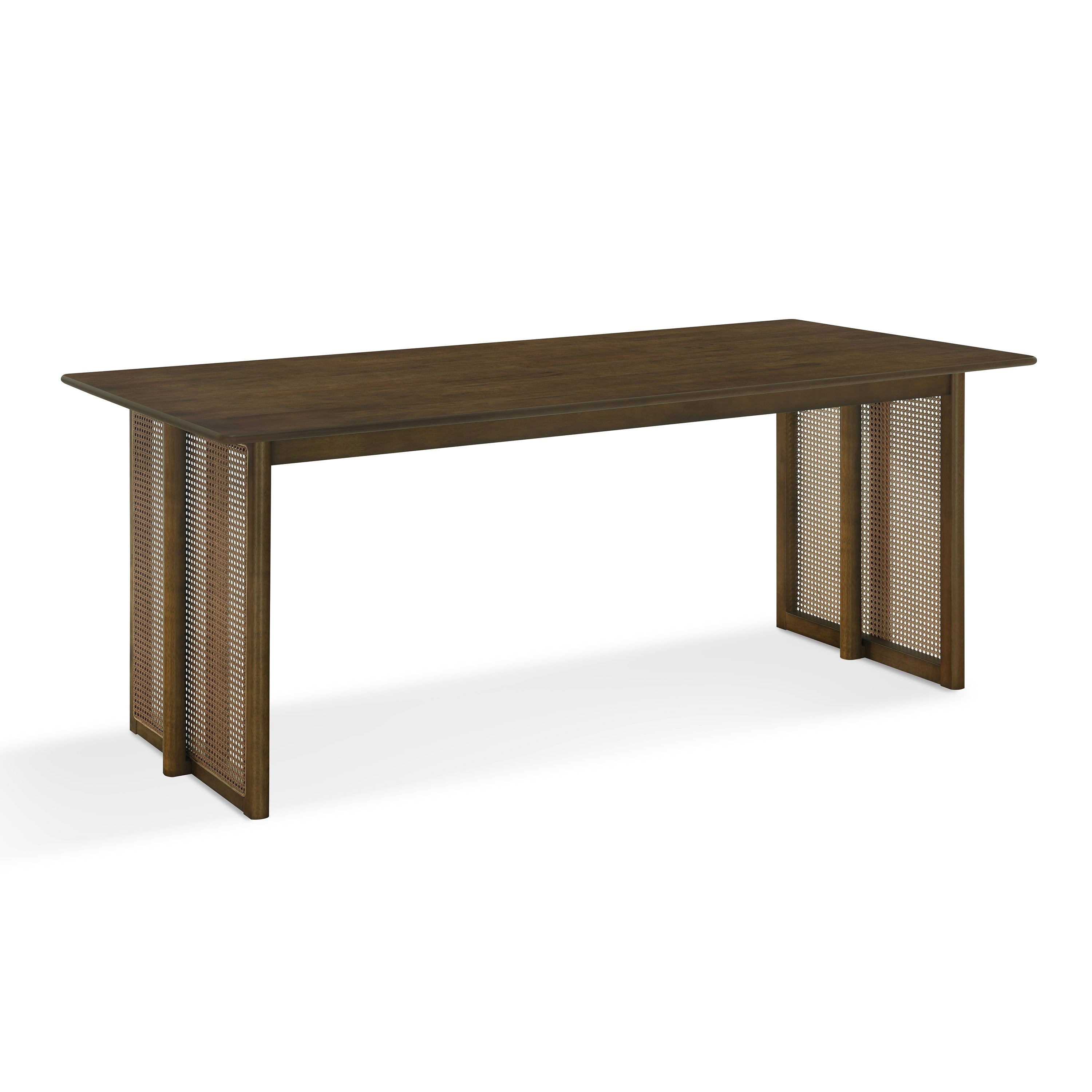 Walnut-Colored Rubber Wood Dining Table with Rattan Accents