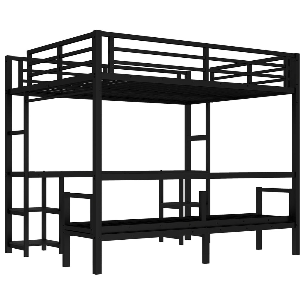 Queen Over Twin XL Metal Bunk Bed with Desk and Shelves