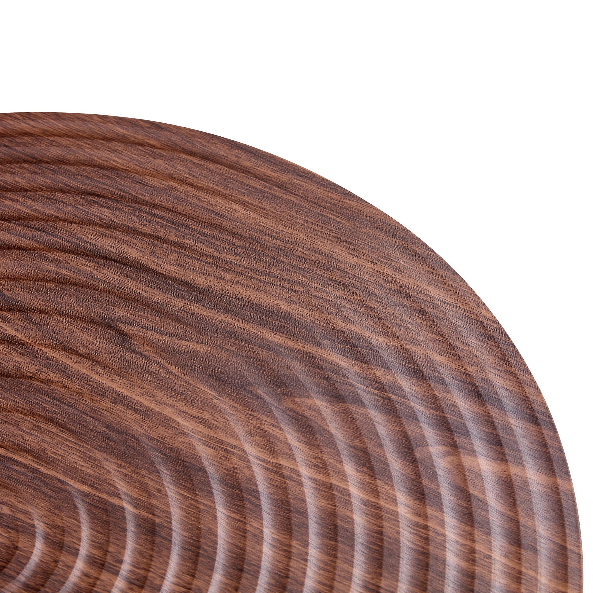 Modern Round Coffee Table - Walnut Pattern MDF And Black Metal Legs