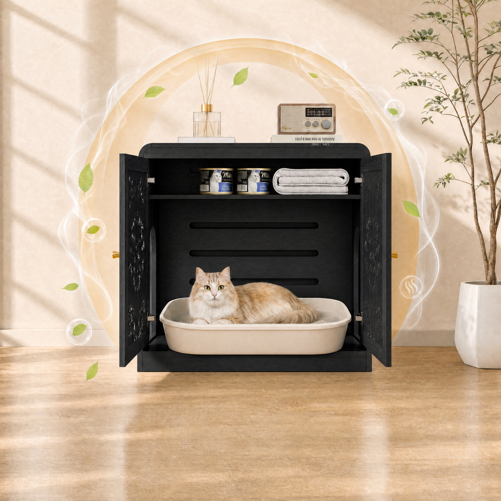 Black Hollow‑Carved Cat Litter Box Enclosure Cabinet, Multi‑Purpose Sideboard with Vent & Large Cat Entry for Living Room & Entryway. Note: Litter box and cat mat not included.