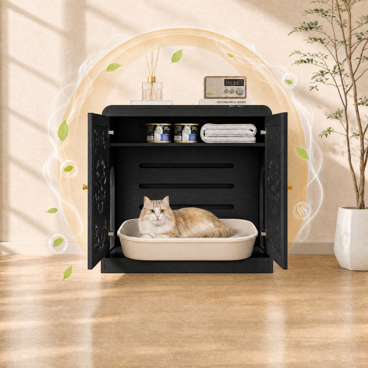 Black Hollow‑Carved Cat Litter Box Enclosure Cabinet, Multi‑Purpose Sideboard with Vent & Large Cat Entry for Living Room & Entryway. Note: Litter box and cat mat not included.