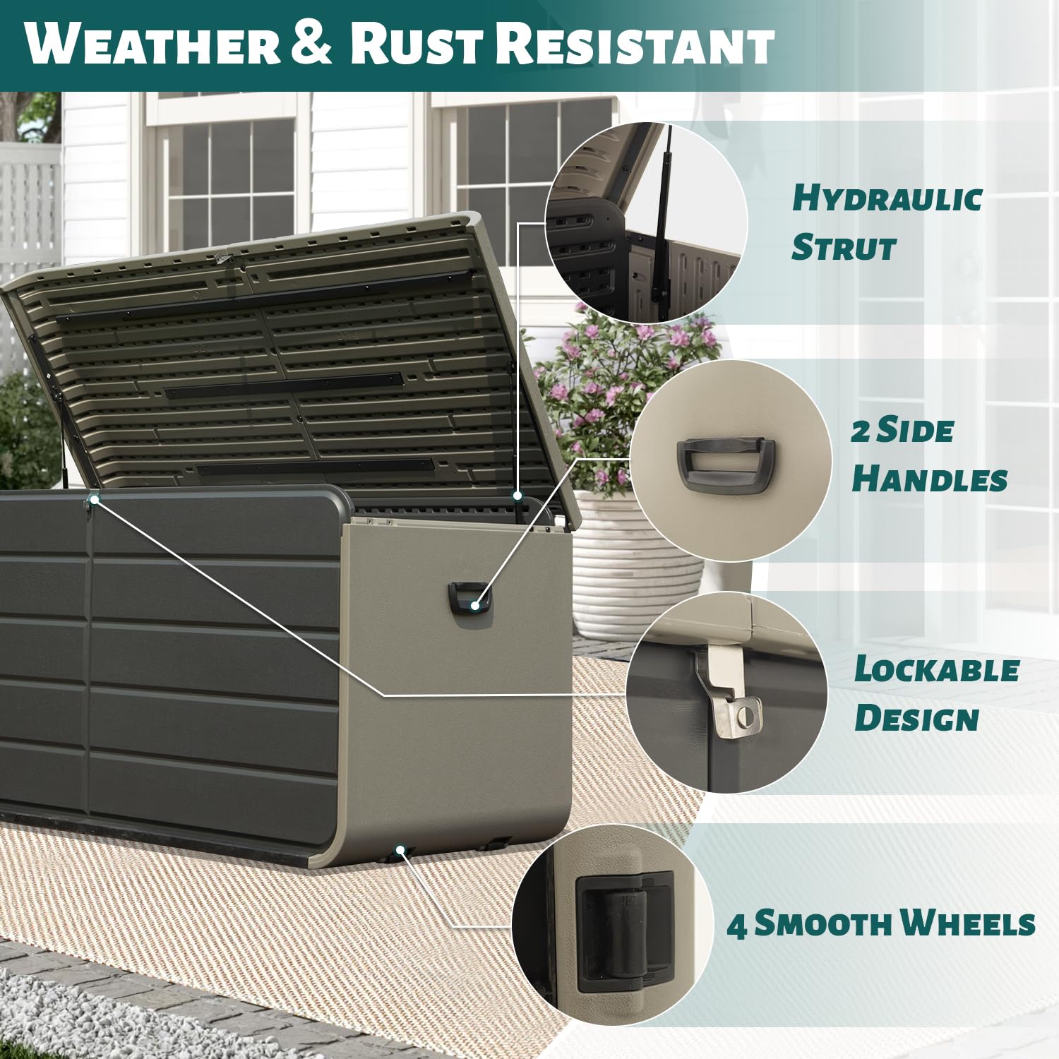 200 Gallon Plastic Deck Box with Lock, Wheels & Waterproof Lid