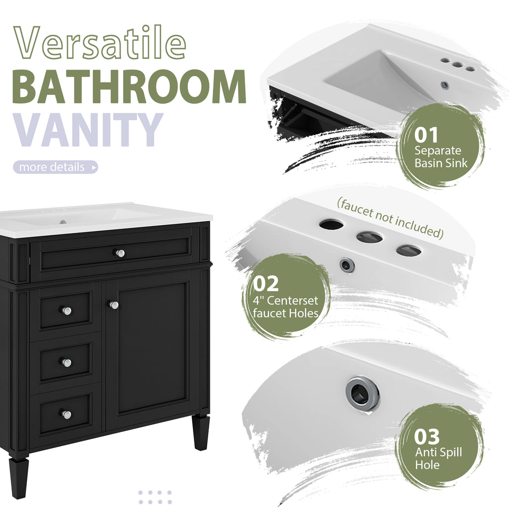 30" Bathroom Vanity with Top Sink, Modern Storage Cabinet