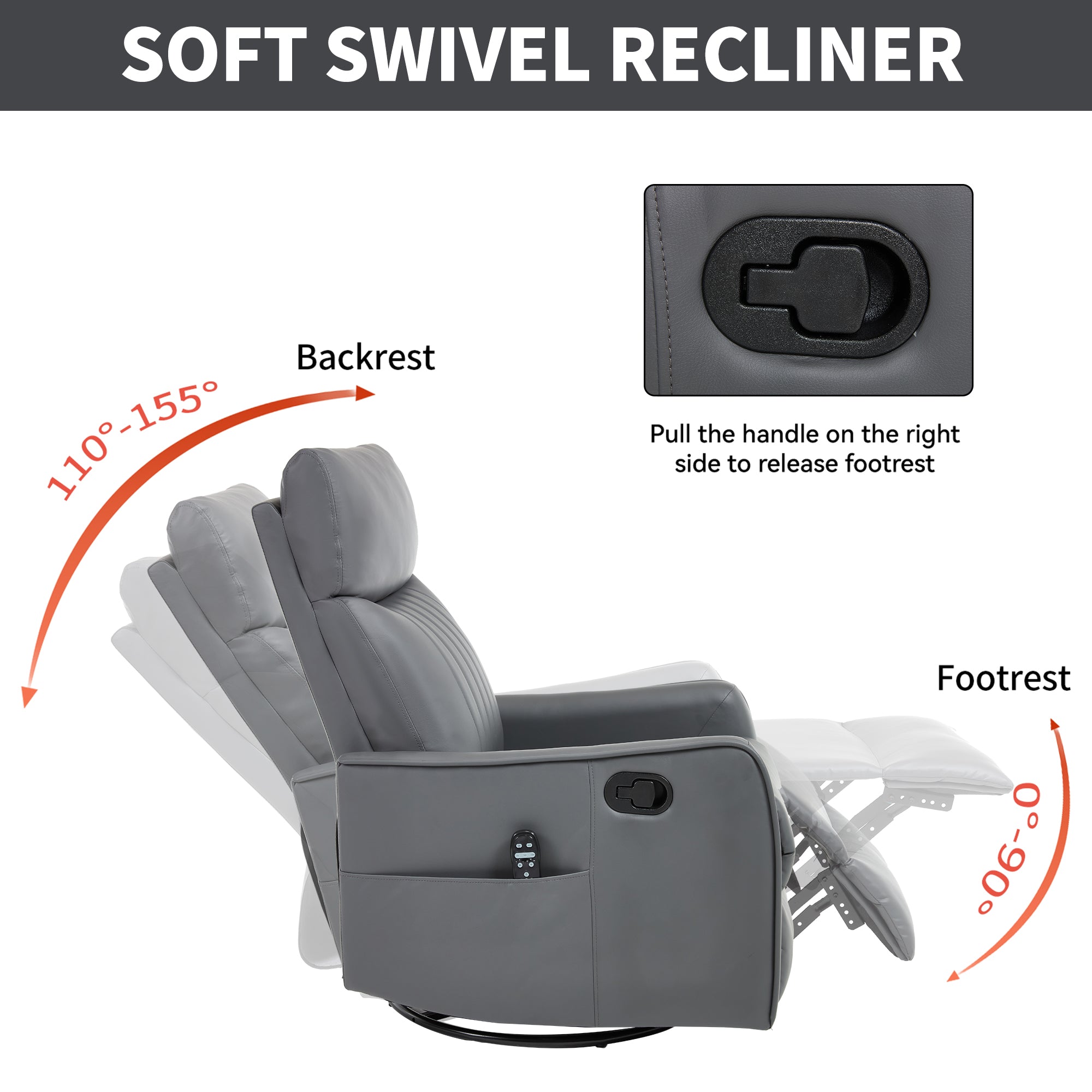 Grey Faux Leather Heat Massage Manual Recliner Chair