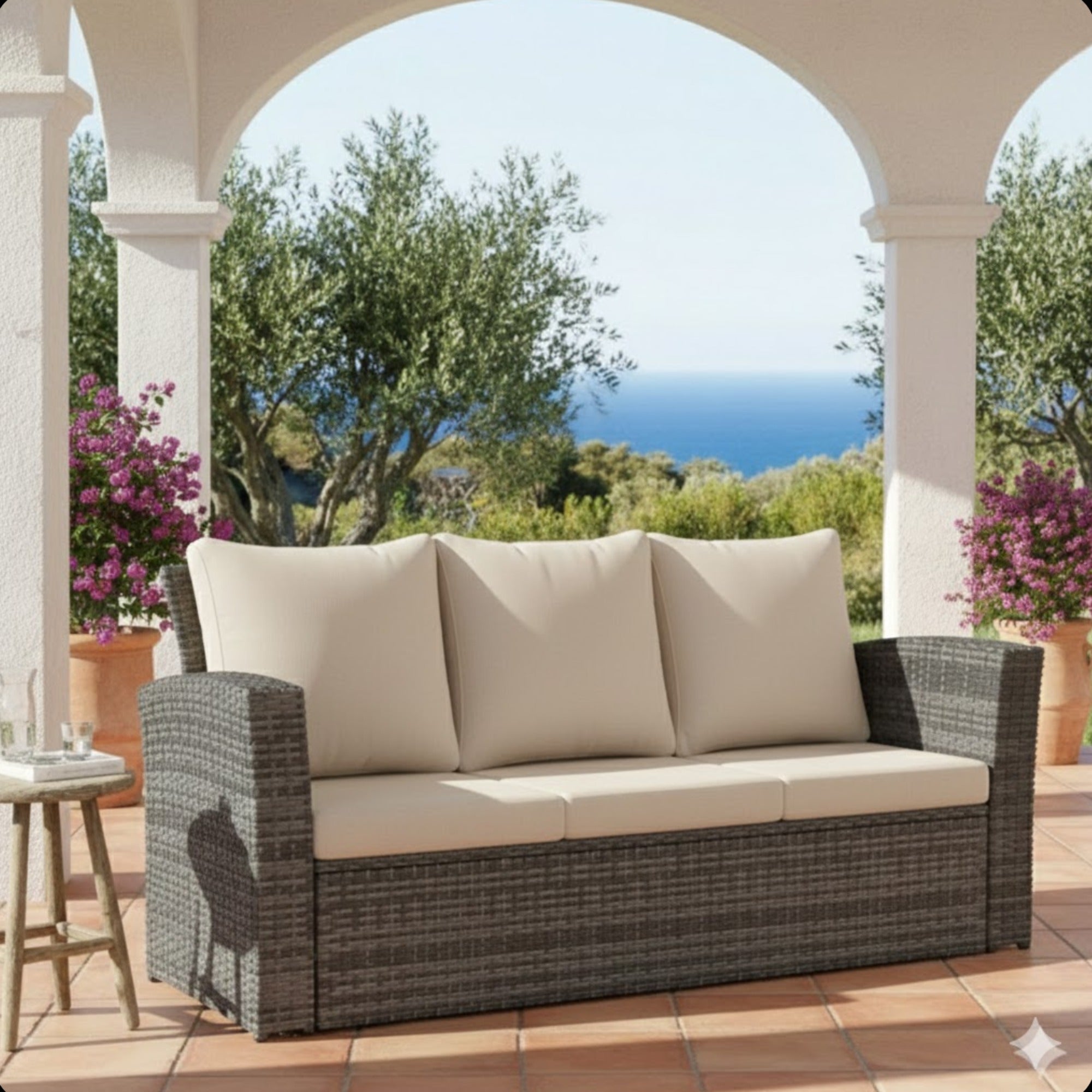 67.7" All-Weather Wicker 3-Seat Patio Sofa with Thick Beige Cushions