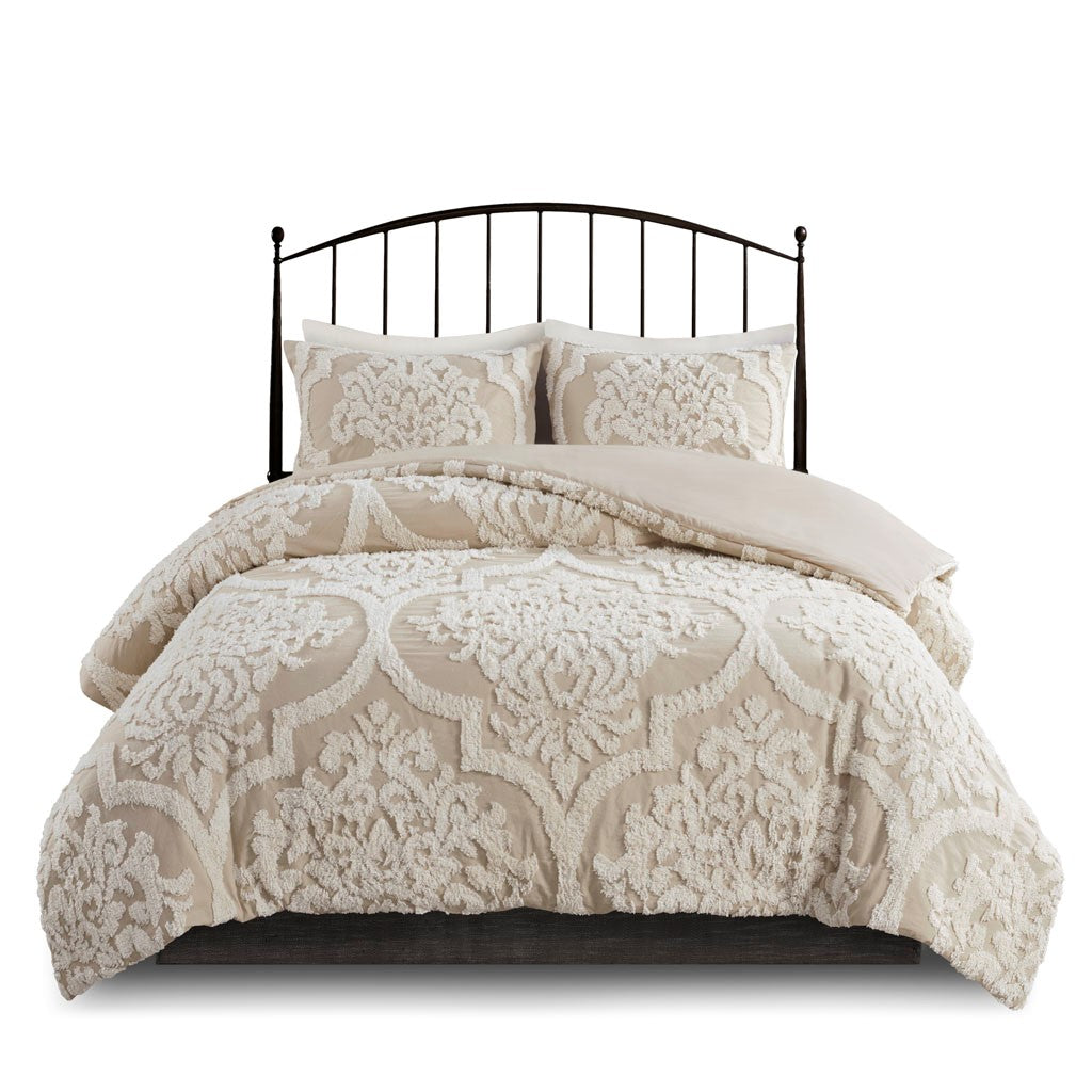 King/Cal King 3 Piece Tufted Cotton Chenille Damask Duvet Cover Set