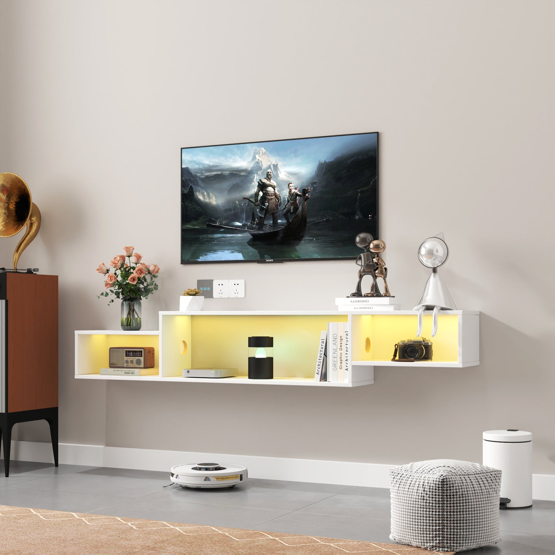 65.35in Wall Mounted Floating TV Stand with Color LEDs