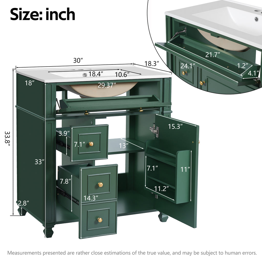 Bathroom Vanity Cabinet with Ceramic Sink Basin - 30 Inch