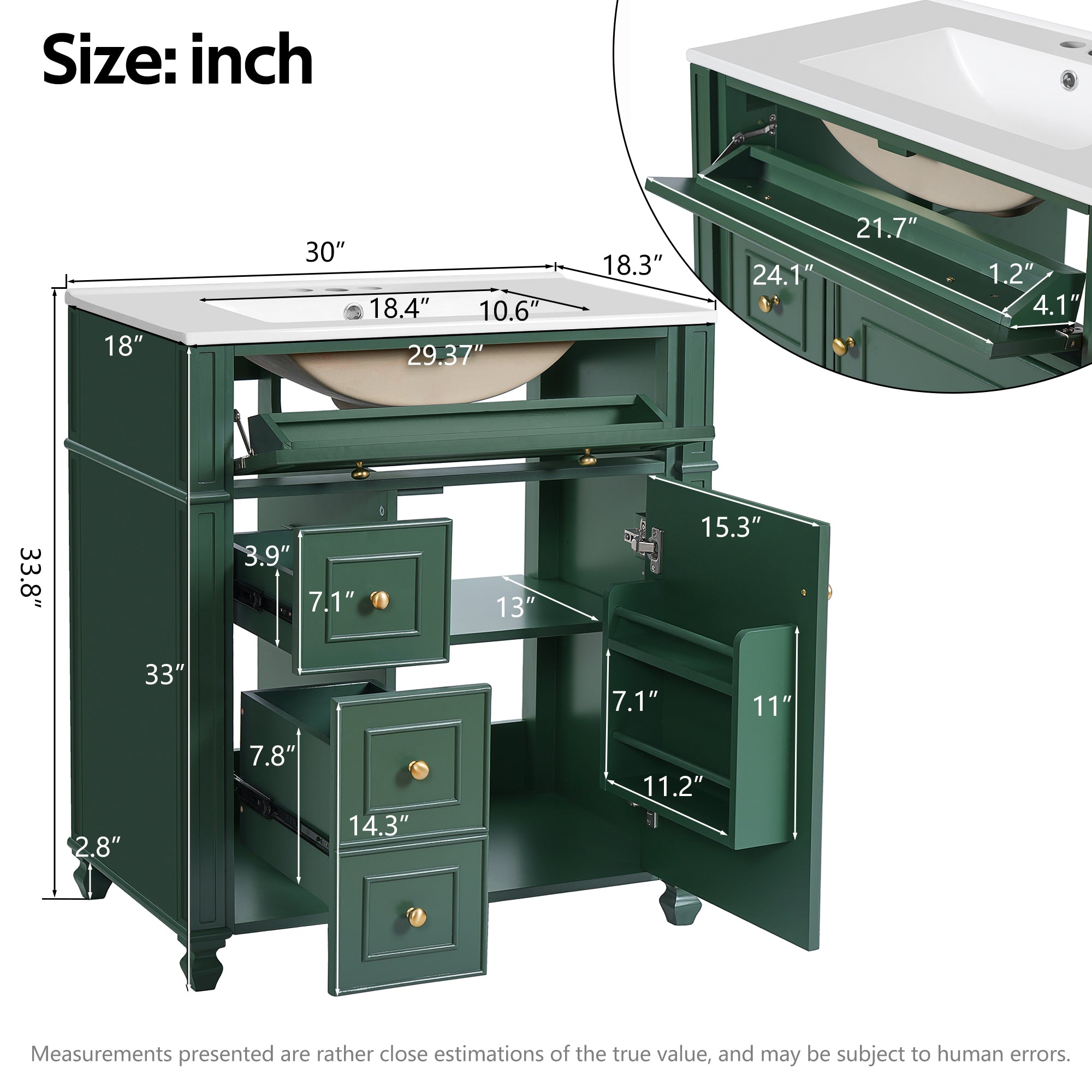 Bathroom Vanity Cabinet with Ceramic Sink Basin - 30 Inch