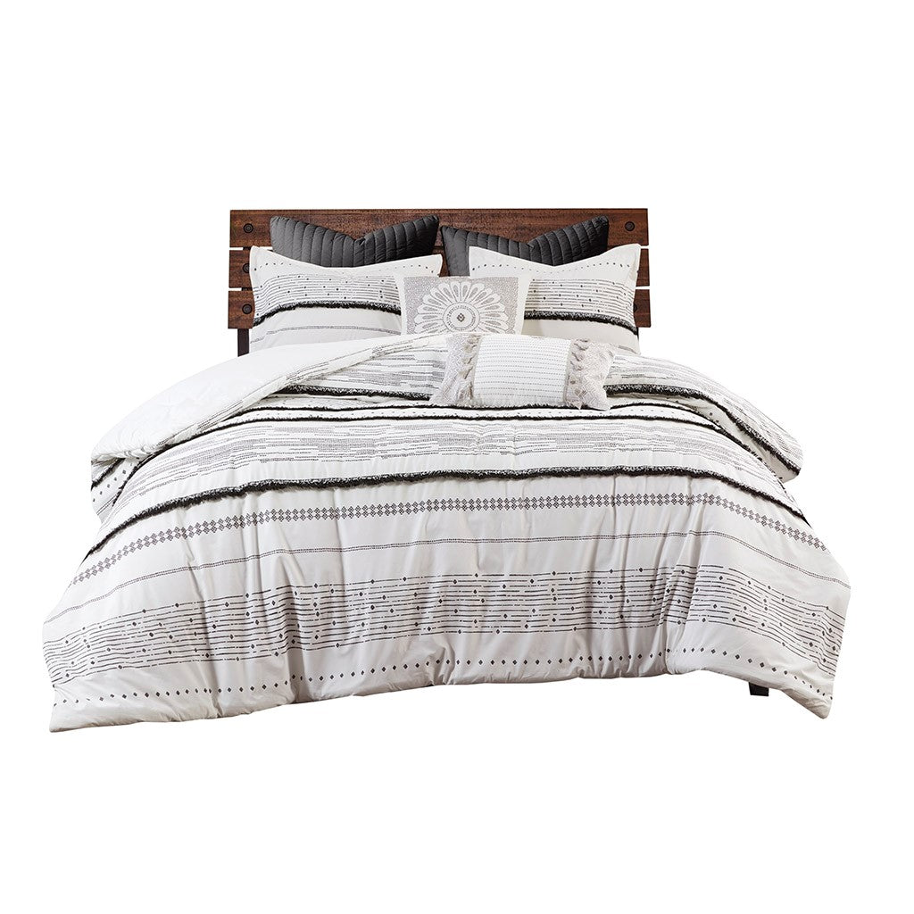 Cotton Printed Comforter Set with Trims - Black/White King/Cal King