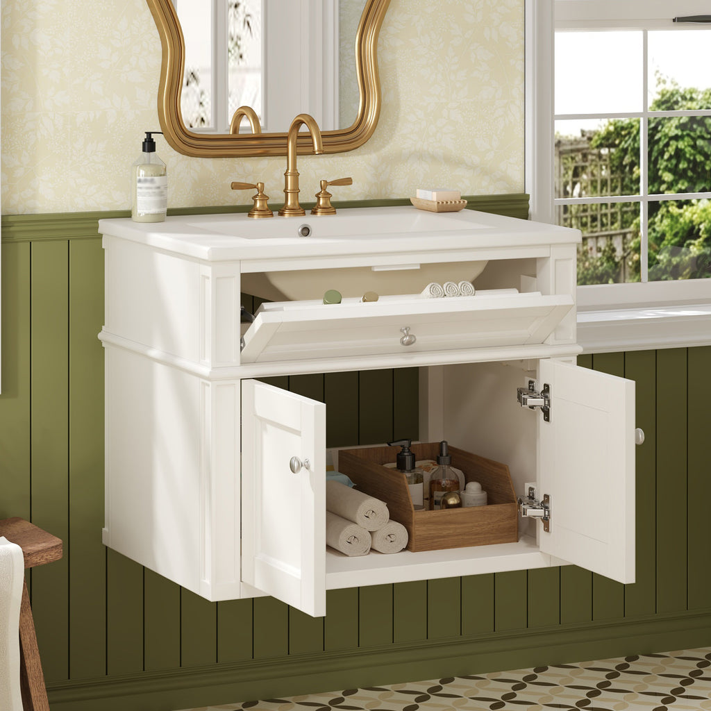 24-Inch Wall-Mounted Bathroom Vanity with Ceramic Sink and Soft-Close Doors, White