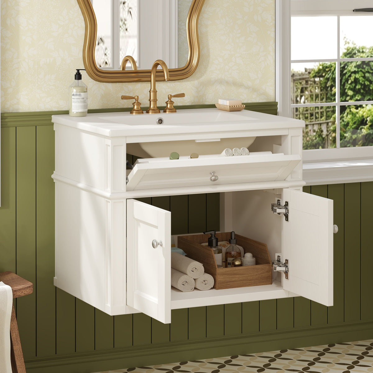24-Inch Wall-Mounted Bathroom Vanity with Ceramic Sink and Soft-Close Doors, White