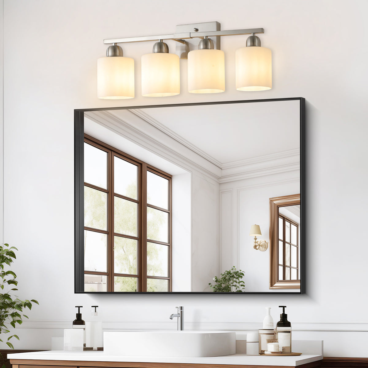Modern 4-Light Bathroom Fixture with Nickel Finish and Milky