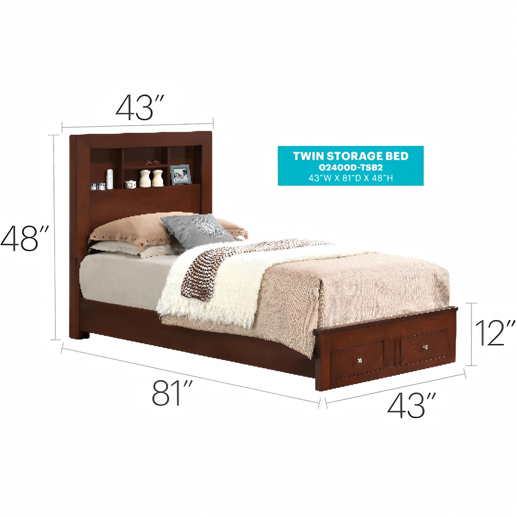 Elegant Twin Bed With Storage In Cherry Finish