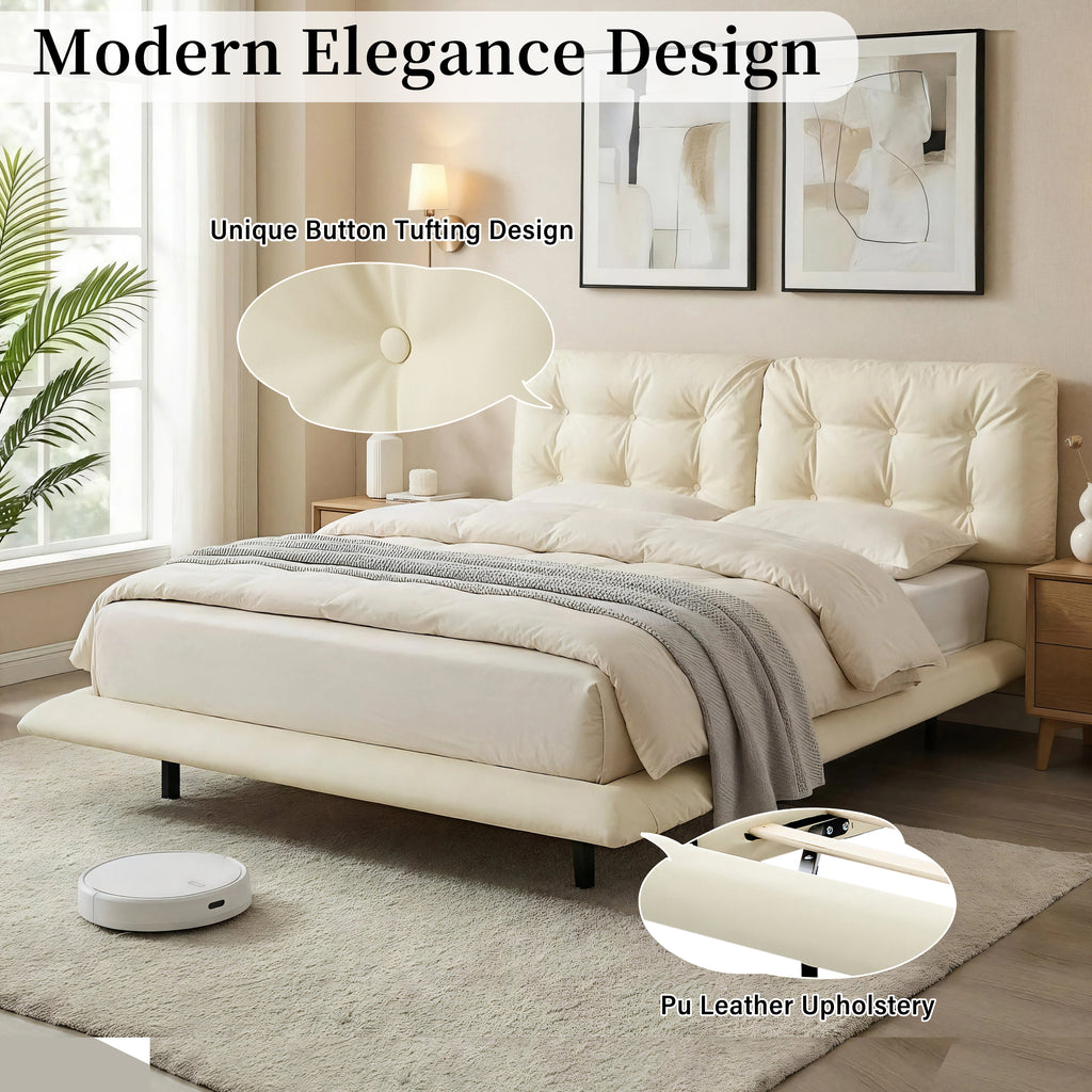 Queen Size Upholstered Floating Bed Frame with LED Lights