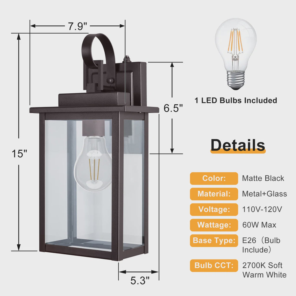 Oil-Rubbed Bronze Outdoor Wall Light, 15-Inch Height, Tempered Glass