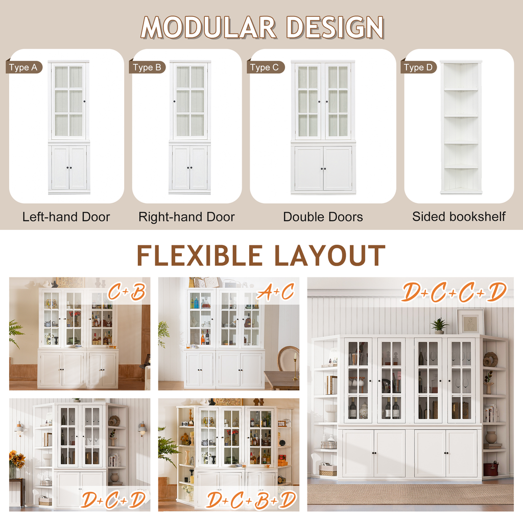 Freestanding Pantry Cabinet with Glass Door & Lattice Window
