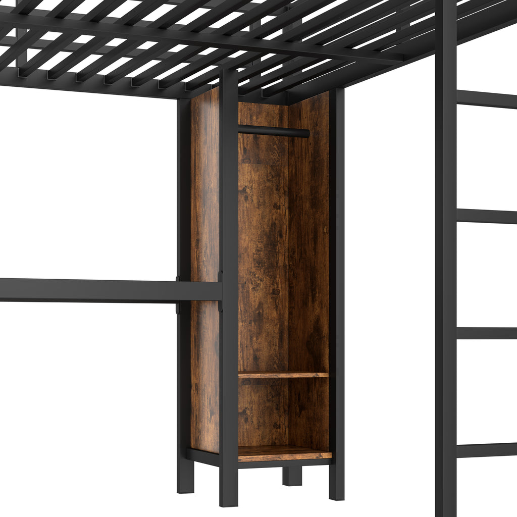 Metal Loft Bed with Wardrobe and L-shaped Desk
