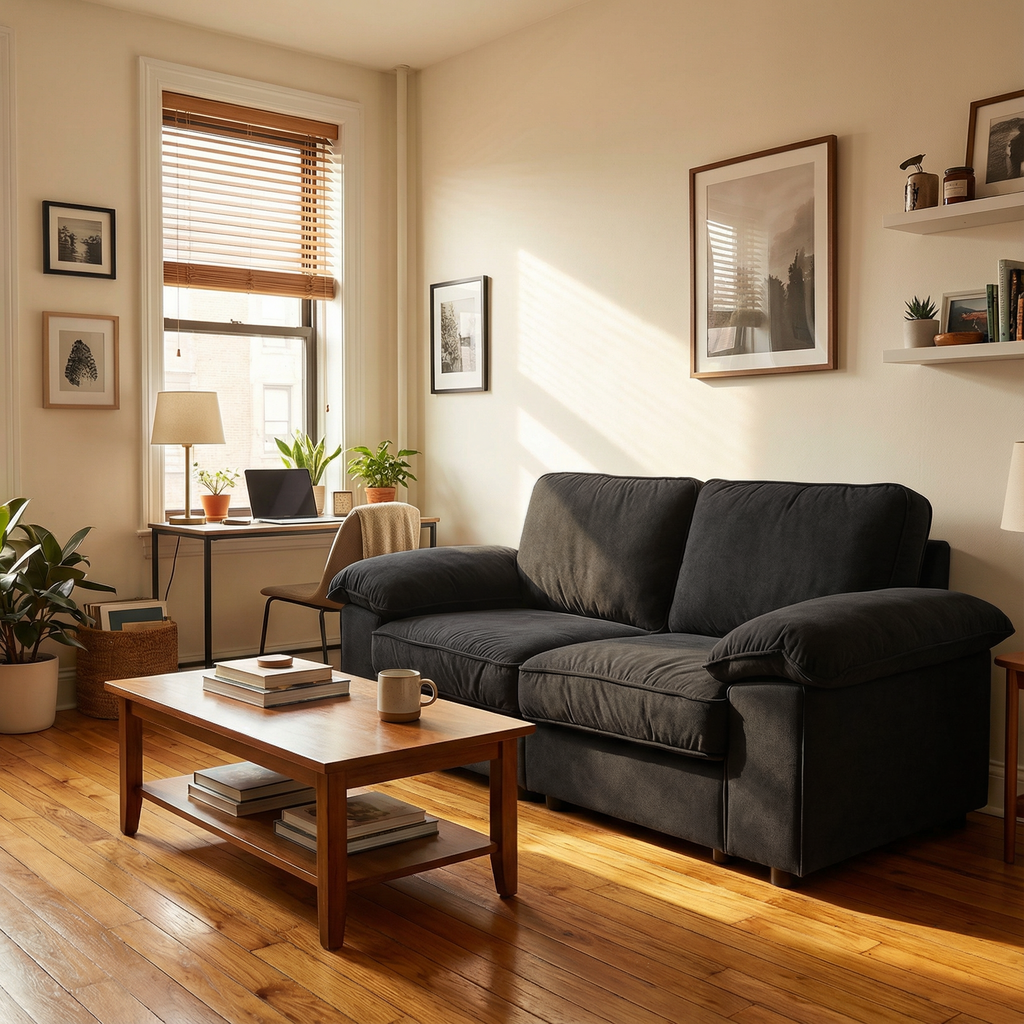 Compact Black Velvet 2-Seater Sofa with Hidden Storage